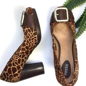 Fossil Brown & Tan calf hair Chunky Heel Shoes 7.5